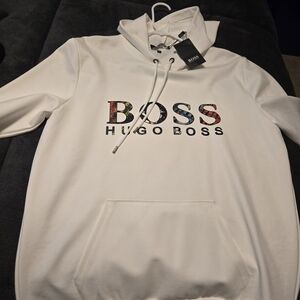 Hugo Boss White Hoodie with Multicolor Floral BOSS Logo